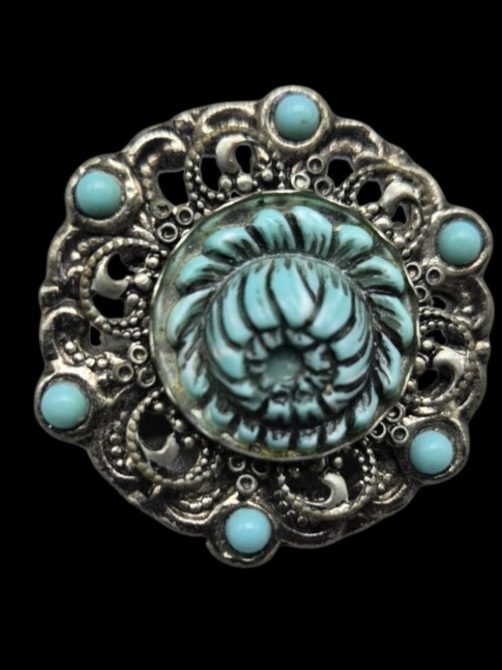 Vtg Silver Tone Filigree Flower Brooch Pin Faux Turquoise Glass Cabochon Boho